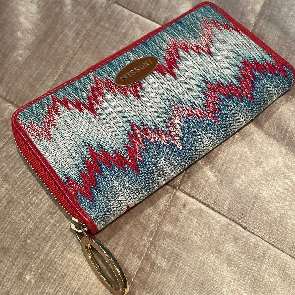 MISSONI Denim & Red Leather Fire Zip Up Wallet NWOTS
